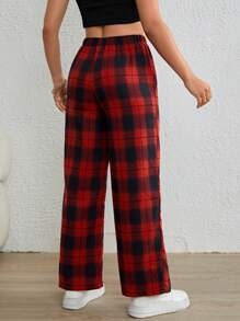 SHEIN PETITE 红色格纹印花松紧腰裤 - 紅色 - 查看 2