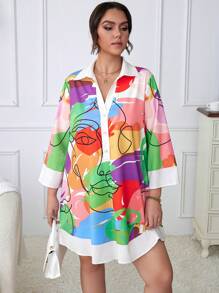 Calvaya 大碼圖圖形正面鈕扣襯衫洋裝 - 杏色 - 查看 4