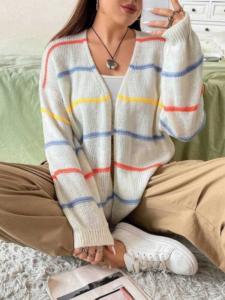 Plus Striped Pattern Drop Shoulder Duster Cardigan