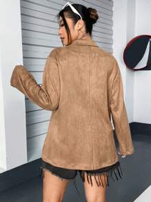 Flirla Plus Lapel Neck Single Breasted Suedette Blazer - Brown - View 2