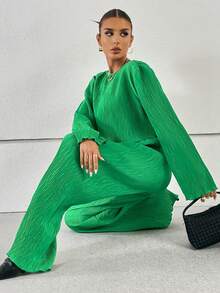 SHEIN Essnce Solid Drop Shoulder Tee & Wide Leg Pants - Green - View 3