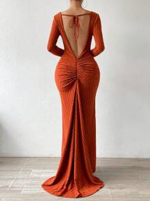 Allurite Tie Backless Ruched Maxi Dress - Rust Brown - View 4