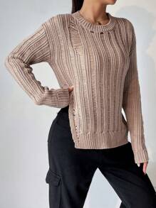 SHEIN Unity 纯色破洞开衩下摆针织套头衫，适合秋冬季穿着 - 棕色 - 查看 1