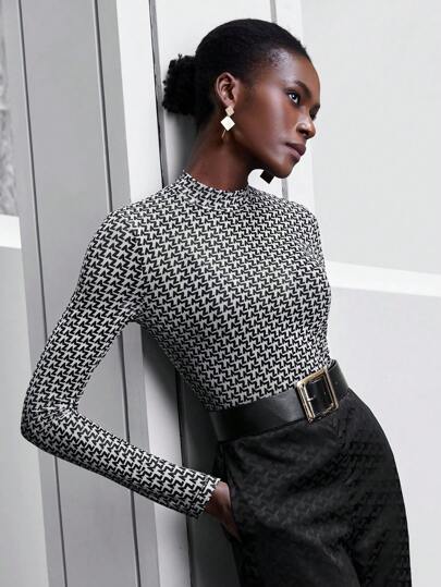 Maija 2026 Spring & Summer Mock Neck Allover Print Top,Suitable For Wedding Guest, Host, Date, Party, Concert, Brunch, Airport, Multi-Occasion