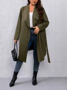 SHEIN LUNE Plus Waterfall Collar Belted Coat - Army Green - View 5