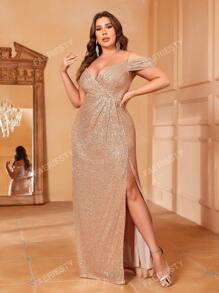 Faeriesty Plus Cold Shoulder Split Thigh Sequin Prom Dress Elegant Formal Evening Wedding Guest Gown, For Graduation, Dinner Party Dress