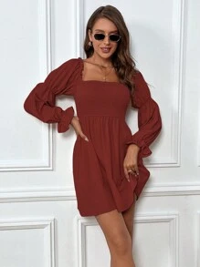 SHEIN Frenchy 方領喇叭袖洋裝 - 橘色 - 查看 3