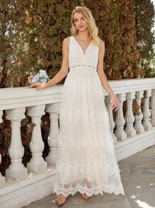 Floral Embroidery Mesh Overlay Maxi Wedding Dress - Apricot - View 1