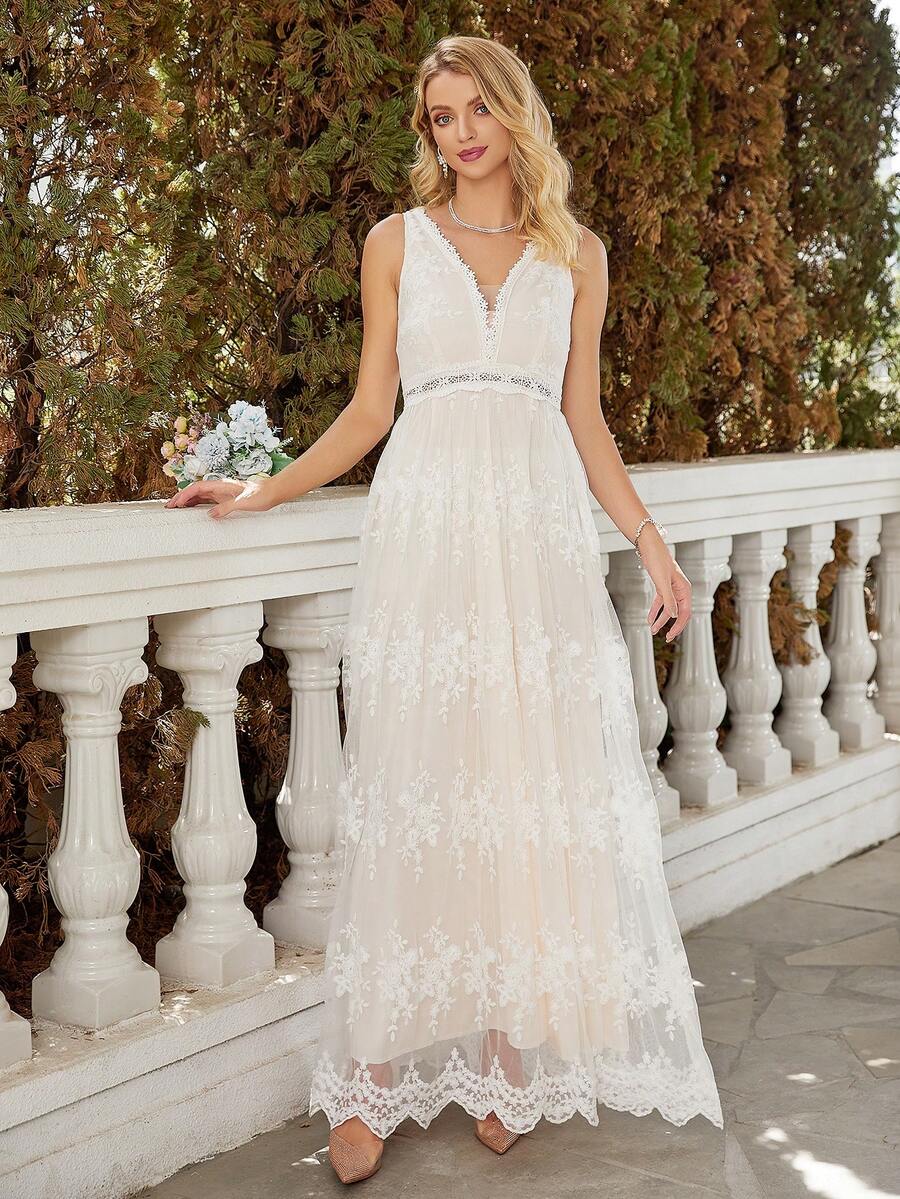 Floral Embroidery Mesh Overlay Maxi Wedding Dress - Apricot - View 1