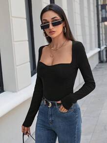 SHEIN PETITE 雞心領口條紋針織T恤 - 白色 - 查看 4