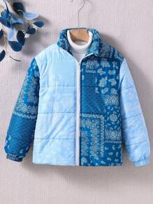 Tween Boy Paisley Scarf Print Zip Up Padded Coat Without Sweater - Multicolor - View 3