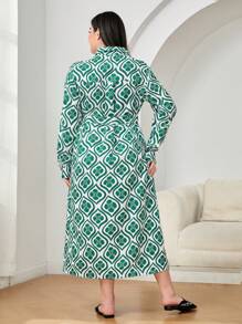 Mulvari Plus Allover Print Belted Shirt Dress - Green - View 5