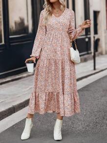 SHEIN LUNE Ditsy Floral Print Lantern Sleeve Ruffle Hem Dress - Pink - View 5