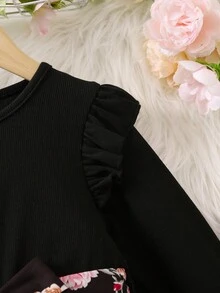 女小童印花荷葉邊繫腰帶洋裝 - 黑色 - 查看 5