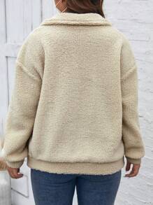 SHEIN LUNE 大碼半拉鏈落肩袖絨毛運動衫 - 米色 - 查看 2