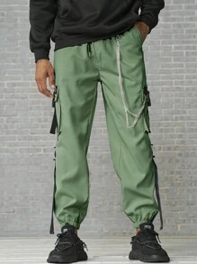 Manfinity Roghcode Men Buckle Tape Flap Pocket Side Drawstring Waist Cargo Pants - Army Green - View 1