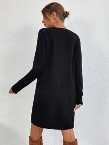 EMERY ROSE Solid Round Neck Sweater Dress Fall Winter Cloth For Women - Black - View 2