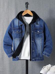 SHEIN Explorewe 男大童1入組翻蓋口袋連帽牛仔夾克 - 中等水洗藍 - 查看 1