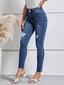 SHEIN LUNE 破洞緊身牛仔褲 - 深色水洗藍 - 查看 3