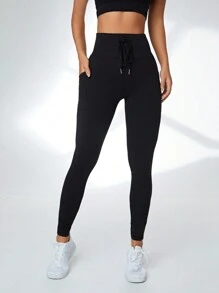 Easithlete Solid Drawstring Waist Pocket Side Sports Leggings Yoga Women Pants - Black - View 5