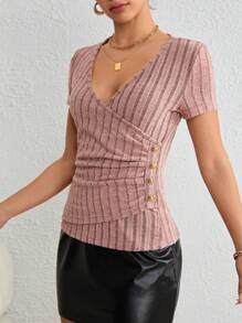 SHEIN Privé 紐扣細節側收褶圍裹T恤 - 藕粉色 - 查看 1