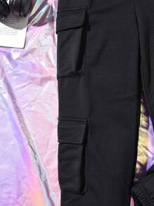 SHEIN 女大童側翻蓋口袋腰部抽繩工裝衛褲 - 黑色 - 查看 6