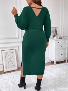SHEIN Clasi Plus Surplice Neck Split Hem Belted Sweater Dress - Dark Green - View 2