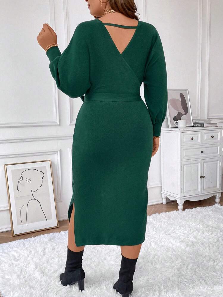 Plus Surplice Neck Split Hem Belted Sweater Dress