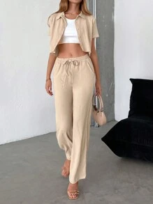 RueChic unicolor con botón delantero Camisa & de cintura con cordón Pantalones