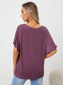 SHEIN LUNE 素色V領蝴蝶袖T恤 - 紫色 - 查看 2