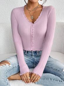 Modelyn 木耳邊前紐扣條紋針織套頭毛衣 - 淡紫色 - 查看 4