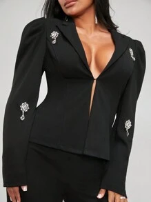 SHEIN SXY 水鑽細節西裝外套&喇叭褲 - 黑色 - 查看 5