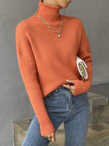 SHEIN Essnce High Neck Drop Shoulder Jumper - Orange - View 3