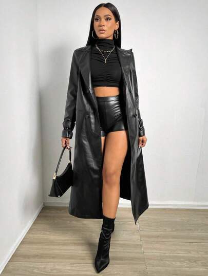 SHEIN x Carly Lawrence BamGleam 西裝領亮面風衣外套