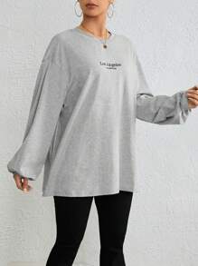 SHEIN EZwear 字母刺繡落肩T恤 - 淺灰色 - 查看 4