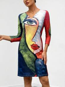 SHEIN Essnce Figure Graphic Notched Neckline Dress - Multicolor - View 3