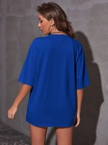 SHEIN Unity Nhiệt đới & Đồ họa Chữ cái Áo thun Thả vai - Xanh đậm - Xem 2