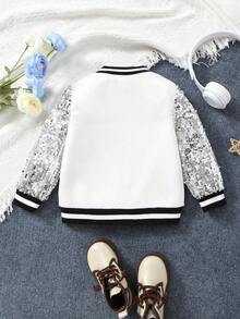 SHEIN Young Girl Letter & Cherry Print Striped Trim Contrast Sequin Zip Up Varsity Jacket - Multicolor - View 2