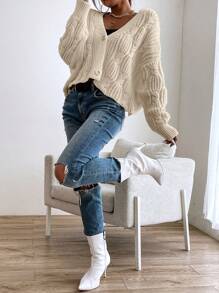 SHEIN Essnce 绞花针织落肩开衫 - 卡其色 - 查看 7