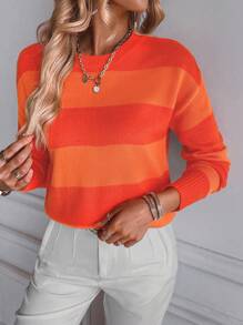 SHEIN LUNE Colorblock Drop Shoulder Knit Pullover Fall Winter Sweater - Burnt Orange - View 1
