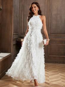 YUMIBRAVO Women's Halter Neck Tassel Evening Dress, Tassel Party Dress Wedding Guest Dress Formal Dress,Gown - White - View 3