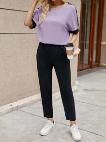 SHEIN LUNE Contrast Side Seam Batwing Sleeve Tee & Pants - Mauve Purple - View 5