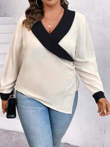 SHEIN Clasi 大碼拼接邊側收褶不對稱下擺襯衫