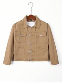 Tween Boy 1pc Flap Pocket Denim Jacket - Coffee Brown - View 1