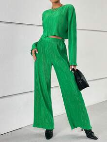 SHEIN Essnce Solid Drop Shoulder Tee & Wide Leg Pants - Green - View 5