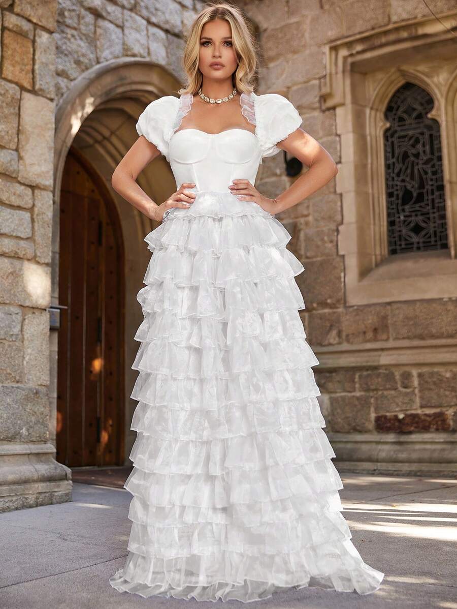 Puff Sleeve Layer Mesh Hem Wedding Dress - White - View 1