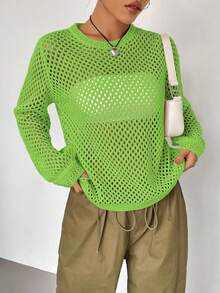 SHEIN Unity 百搭休闲纯色镂空透视圆领长袖毛衣 - 綠色 - 查看 5