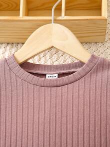 SHEIN Conjunto casual rosa de pantalones acampanados de manga larga de color sólido para niña joven para otoño - Rosa vieja - Ver 3