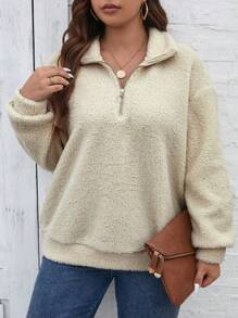 SHEIN LUNE 大碼半拉鏈落肩袖絨毛運動衫 - 米色 - 查看 4