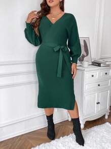 SHEIN Clasi Plus Surplice Neck Split Hem Belted Sweater Dress - Dark Green - View 3